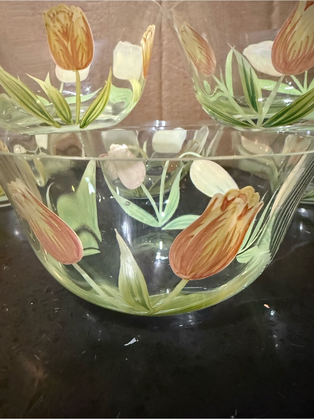 Princess House Hand-Painted Tulip Glass Serving Bowl - Brown/Green